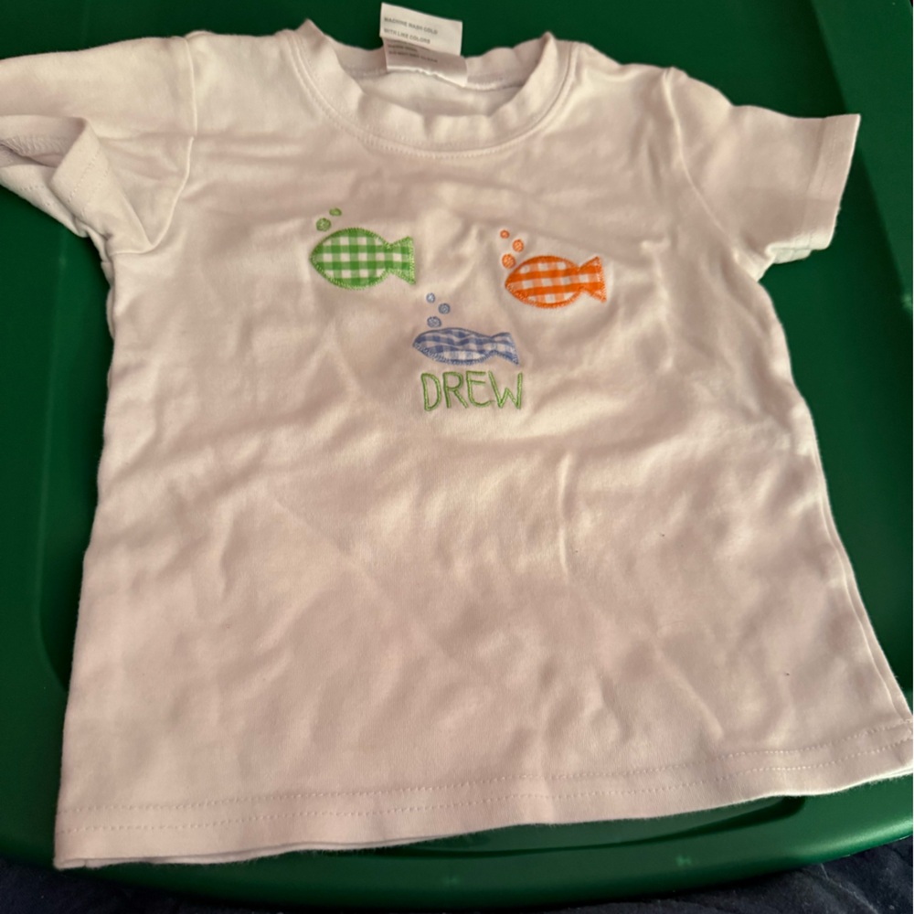 White Kids Tee with embroidered “Drew” Fish Design